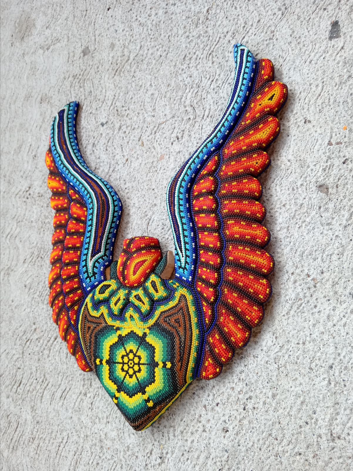 Huichol Hand Beaded Mexican Folk Art Heart with Wings By  Santos Bautista PP8487