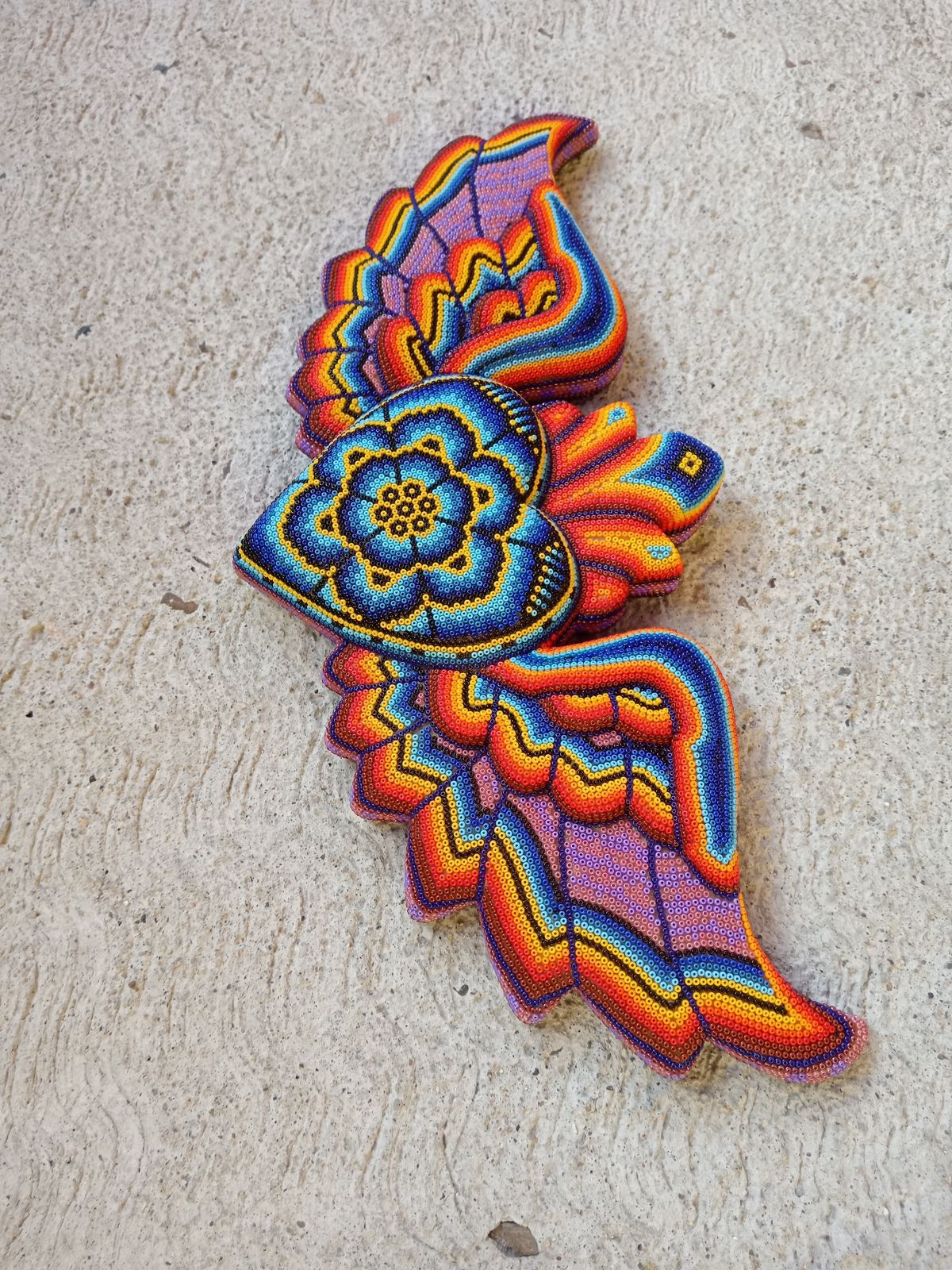 Huichol Hand Beaded Mexican Folk Art Heart with Wings By  Santos Bautista PP8491