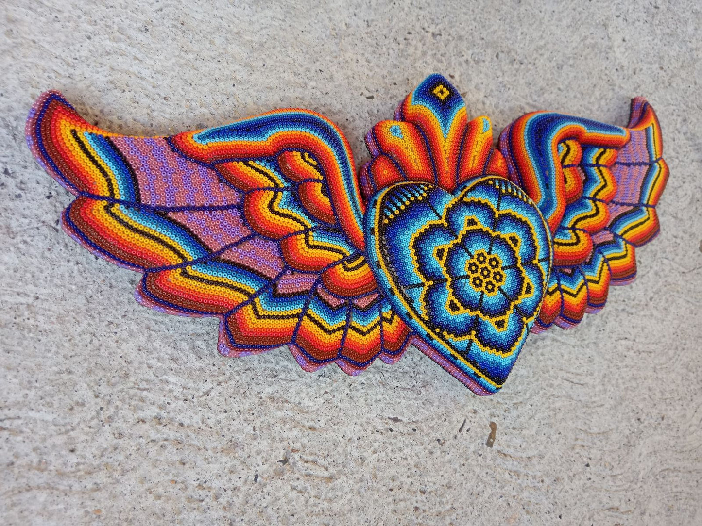Huichol Hand Beaded Mexican Folk Art Heart with Wings By  Santos Bautista PP8491