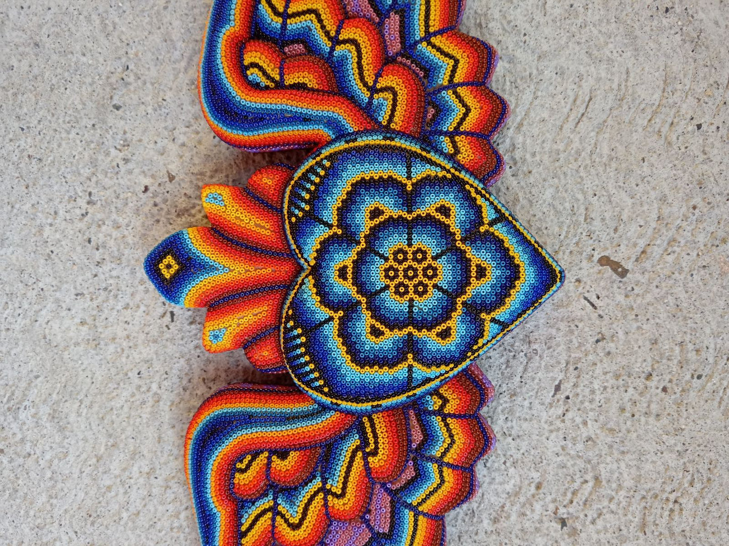 Huichol Hand Beaded Mexican Folk Art Heart with Wings By  Santos Bautista PP8491