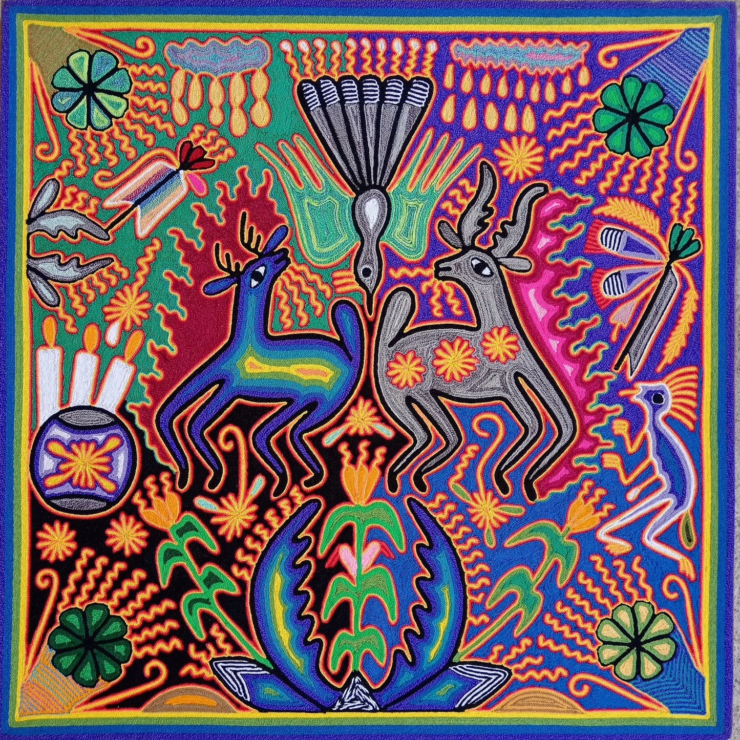 Mexican Folk Art Huichol Yarn Painting by Cooperativa Zitacua PP8563 Oaxaca