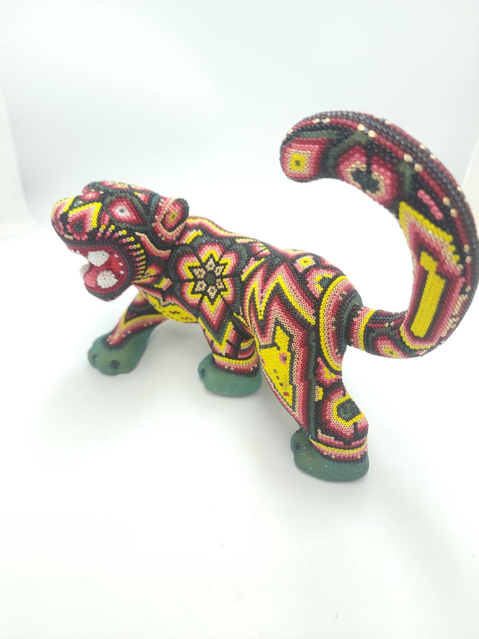 Mexican Huichol Hand Beaded Art, Jaguar By Isandro Villa Lopez PP8611