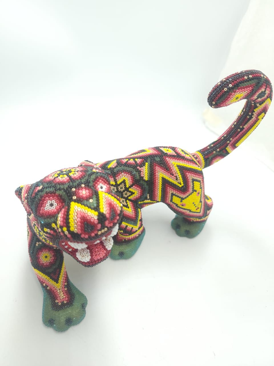 Mexican Huichol Hand Beaded Art, Jaguar By Isandro Villa Lopez PP8611
