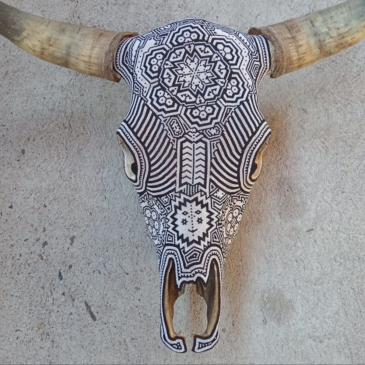 Huichol Bead Art Mexican Folk Art,  Bull Skull By Mayola Villa Lopez PP8612 Oaxaca