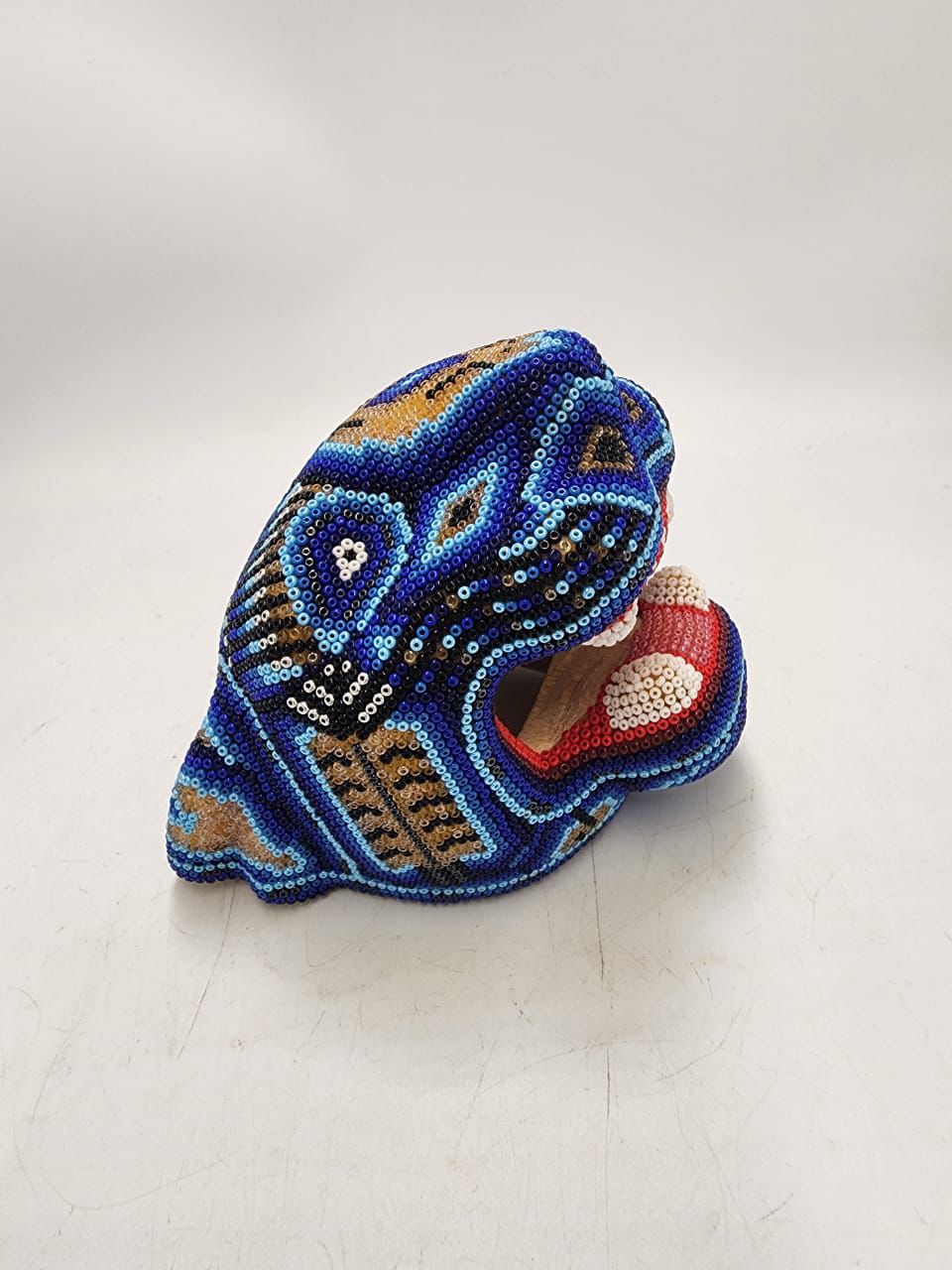 Mexican Folk Art Huichol Beaded Jaguar Head By Mayola Villa Lopez PP8637