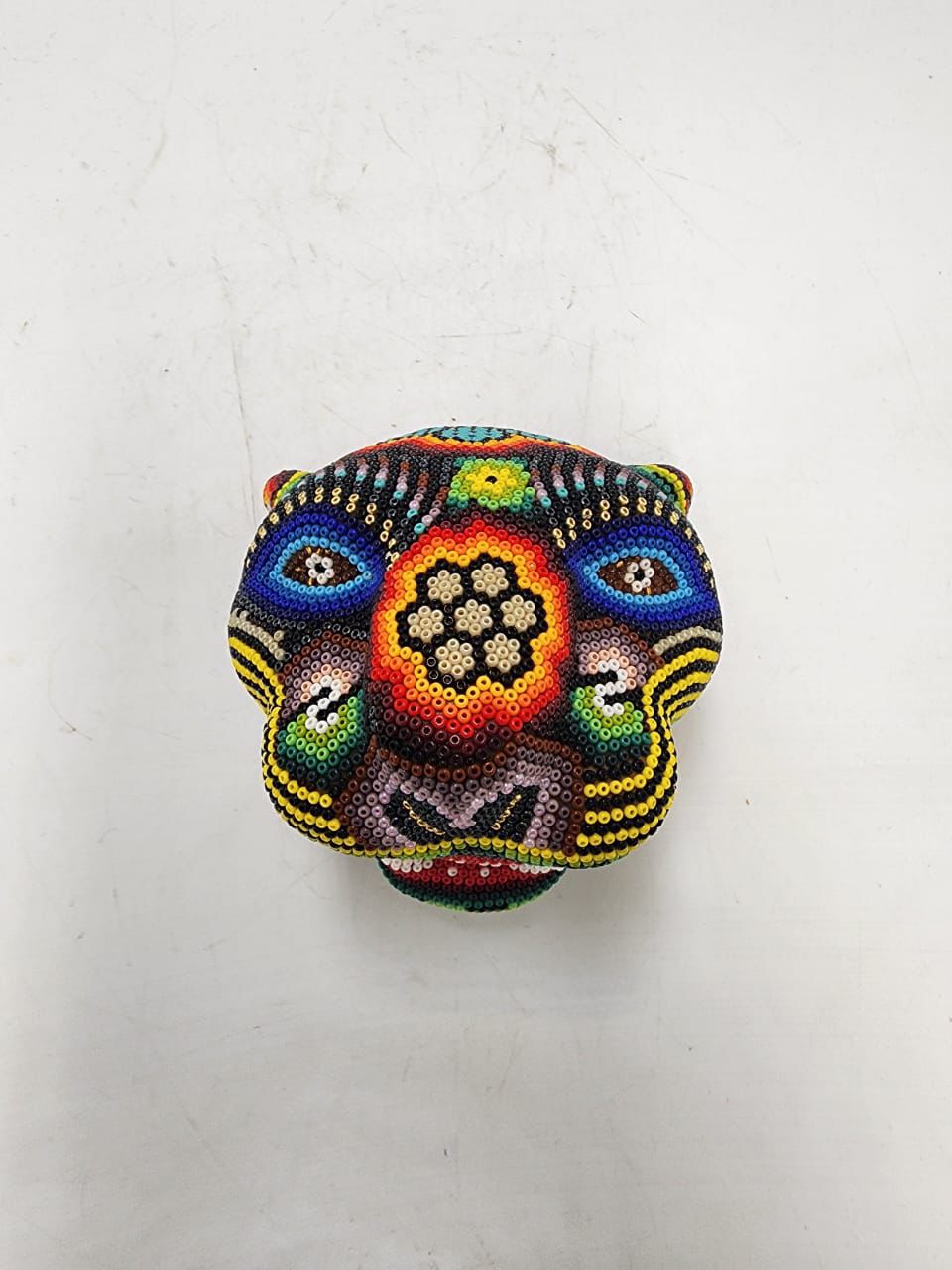 Mexican Folk Art Huichol Beaded Jaguar Head By Mayola Villa Lopez PP8638