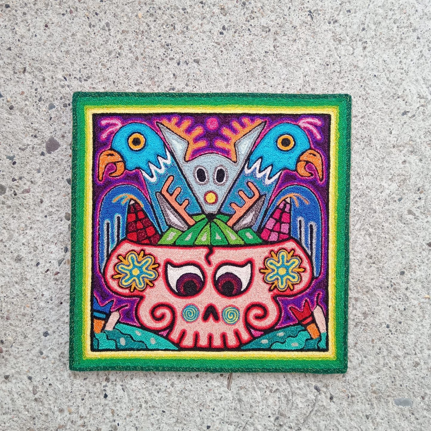 Mexican Folk Art Huichol Indian Yarn Painting by Luis Castro PP8584