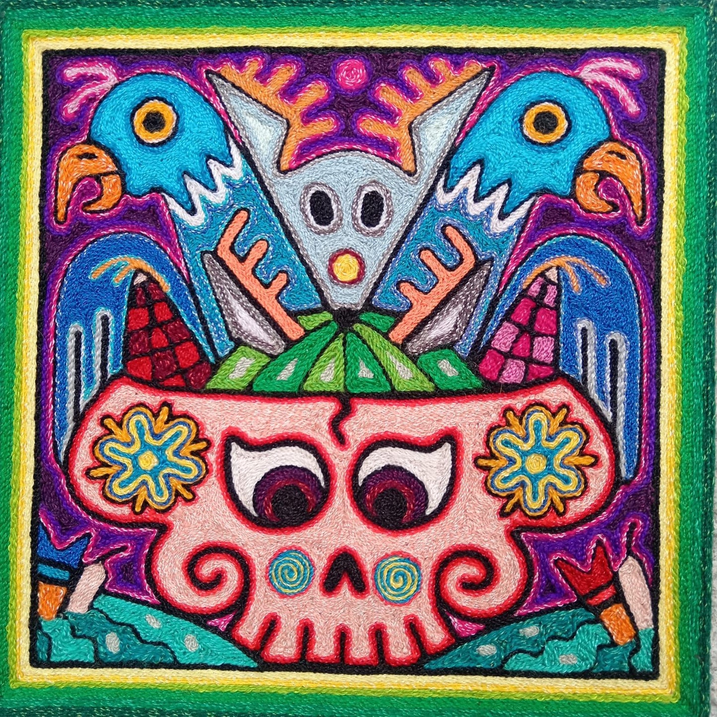Mexican Folk Art Huichol Indian Yarn Painting by Luis Castro PP8584