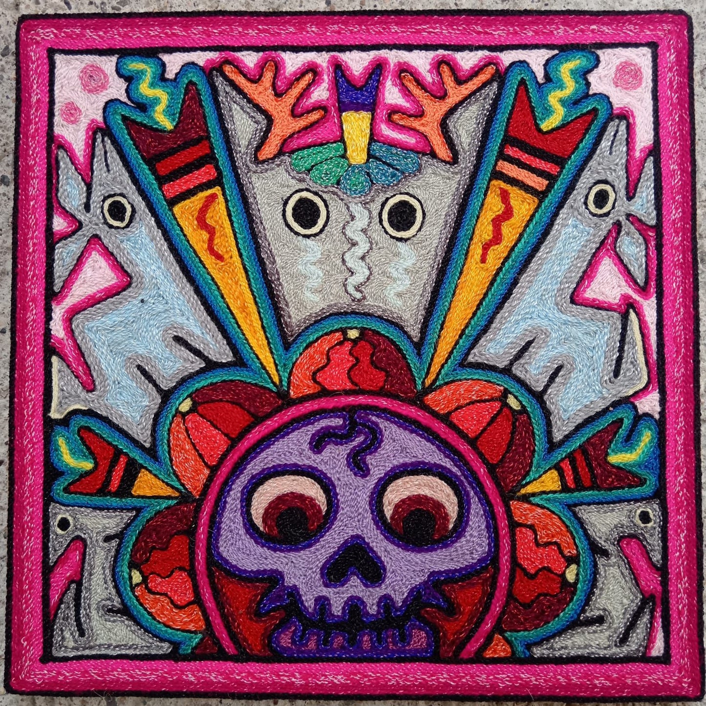 Mexican Folk Art Huichol Indian Yarn Painting by Luis Castro PP8585