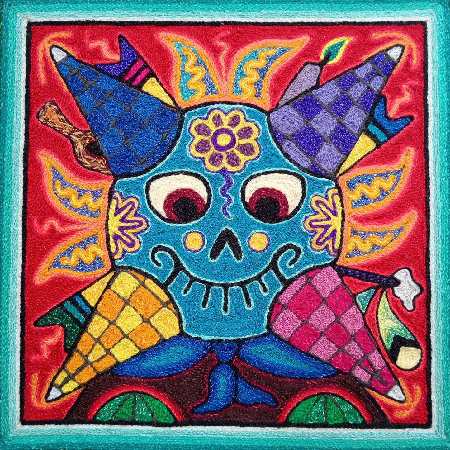 Mexican Folk Art Huichol Indian Yarn Painting by Luis Castro PP8587
