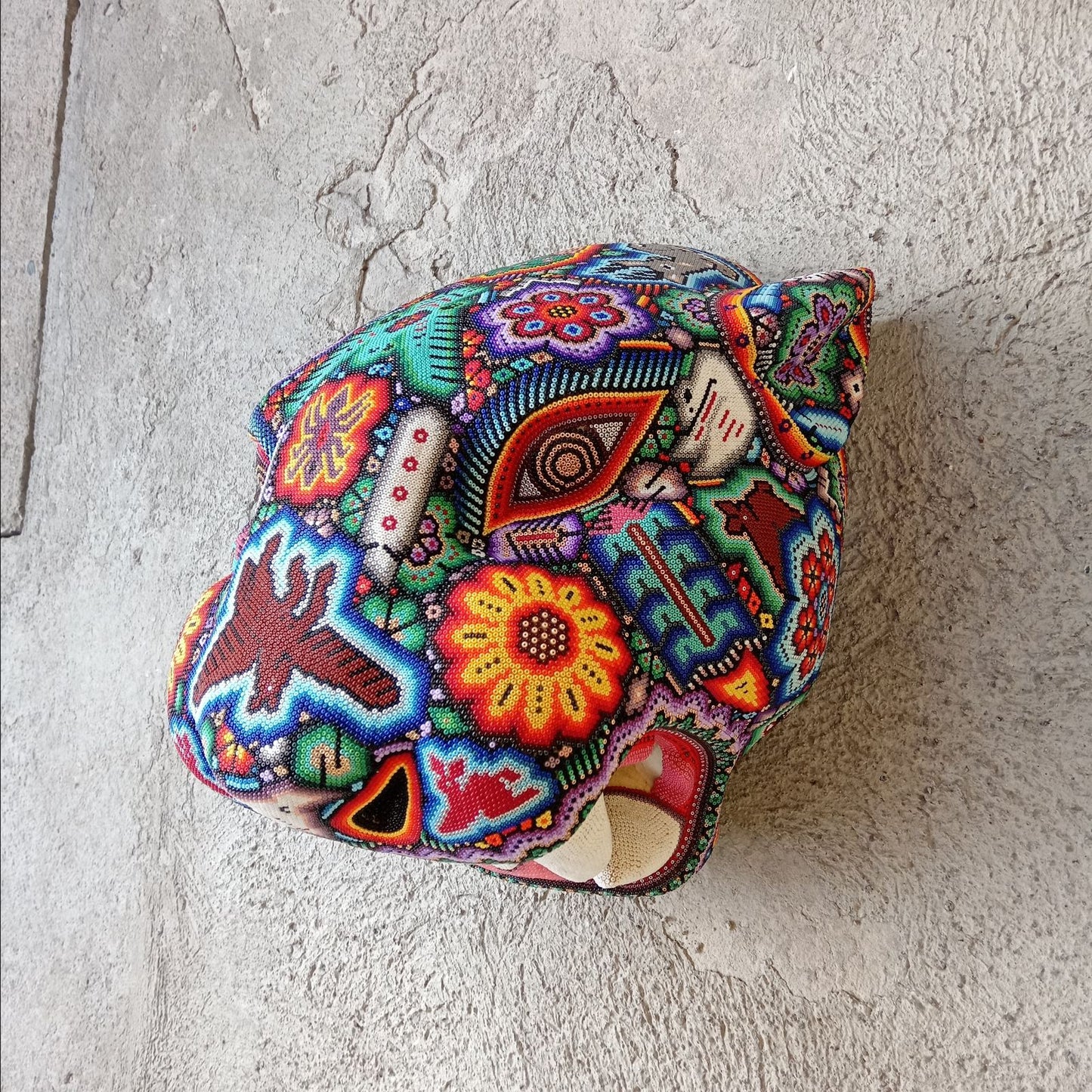 Huichol Mexican Hand Beaded Jaguar Head By Isandro Villa Lopez PP8597