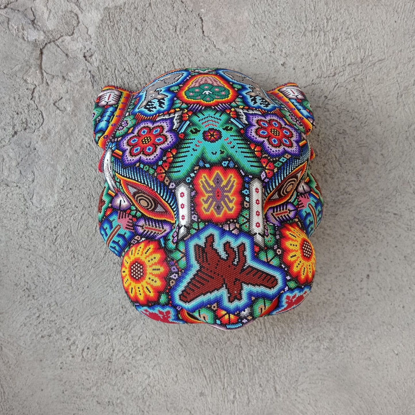 Huichol Mexican Hand Beaded Jaguar Head By Isandro Villa Lopez PP8597