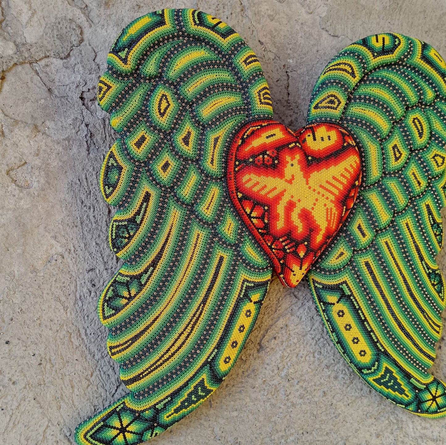 Mexican Huichol Hand Beaded Art, Heart with Wings By Isandro Villa Lopez PP8599