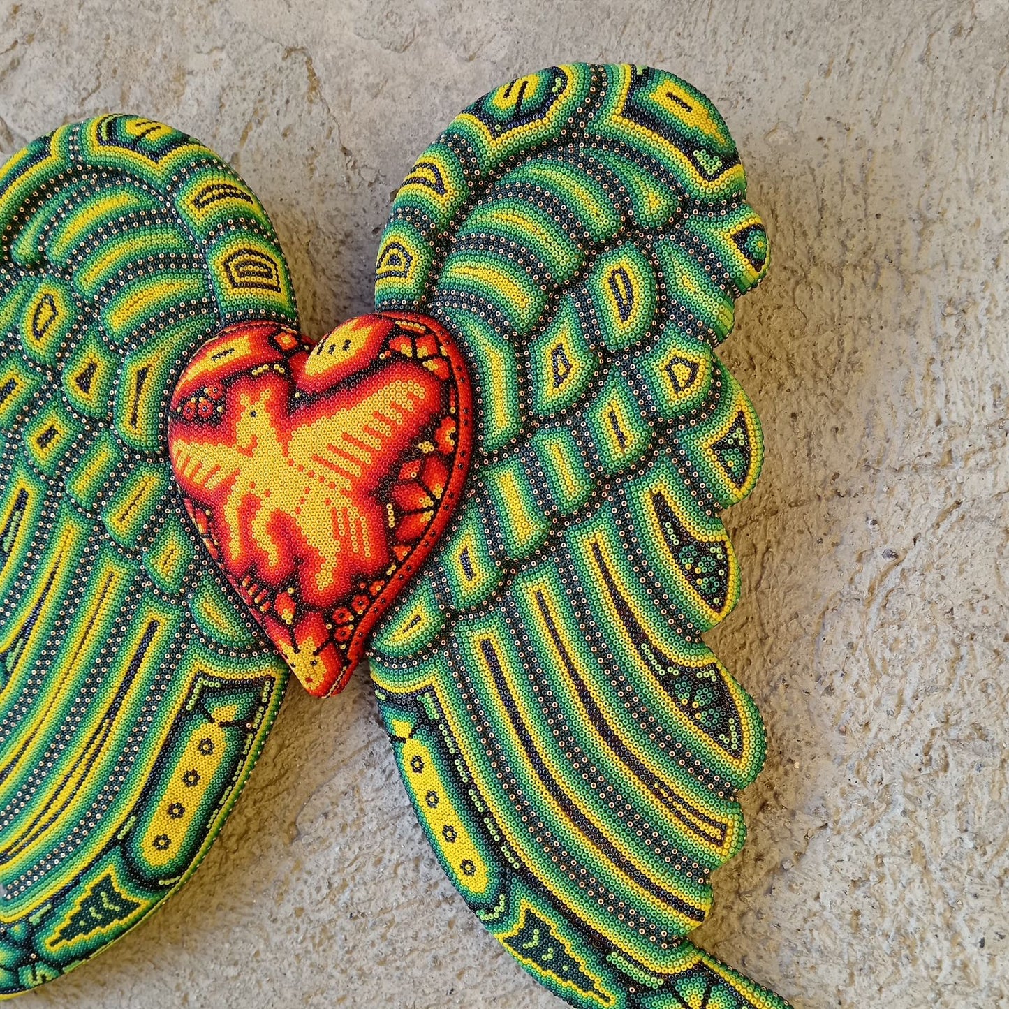 Mexican Huichol Hand Beaded Art, Heart with Wings By Isandro Villa Lopez PP8599