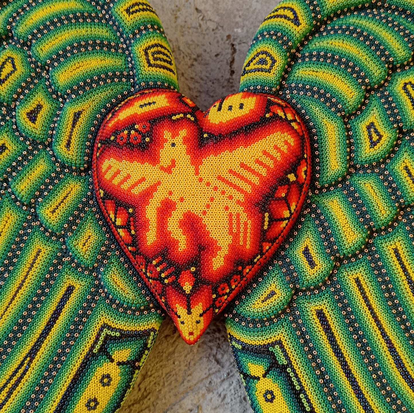 Mexican Huichol Hand Beaded Art, Heart with Wings By Isandro Villa Lopez PP8599