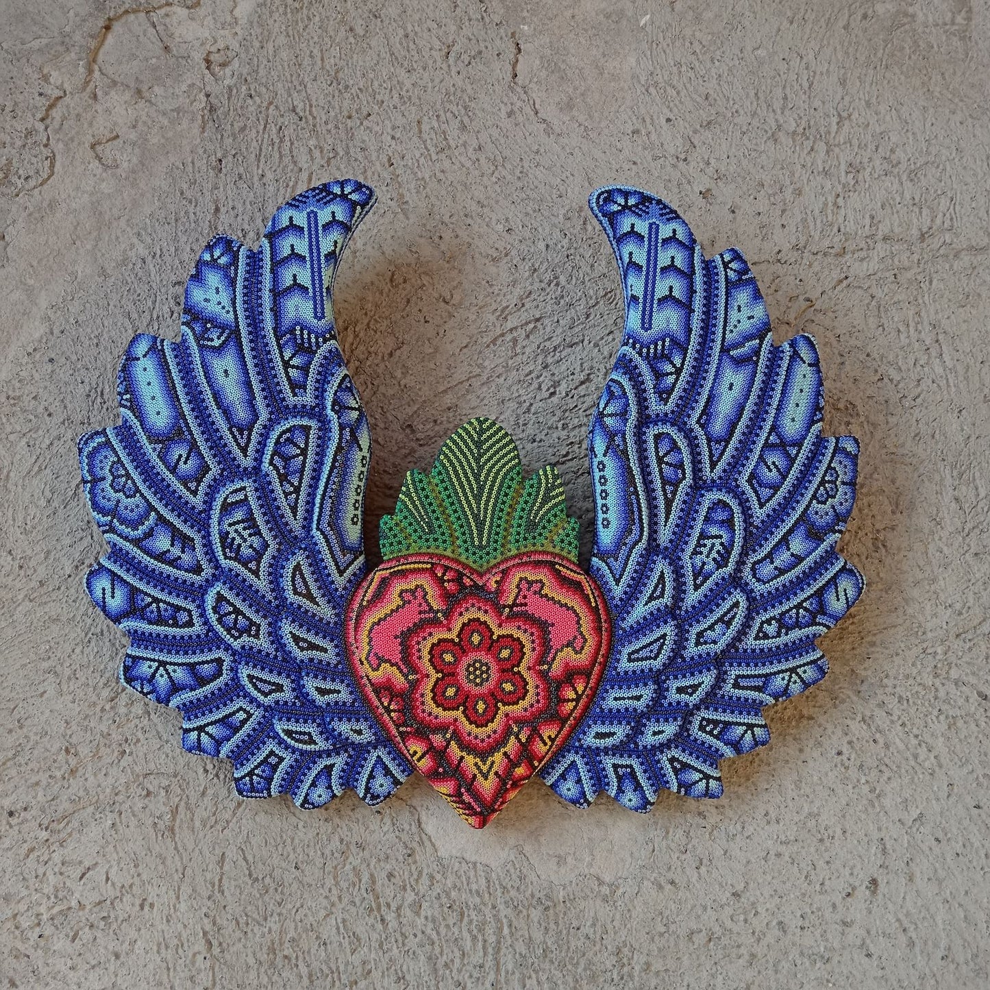 Mexican Huichol Hand Beaded Art, Heart with Wings By Isandro Villa Lopez PP8600
