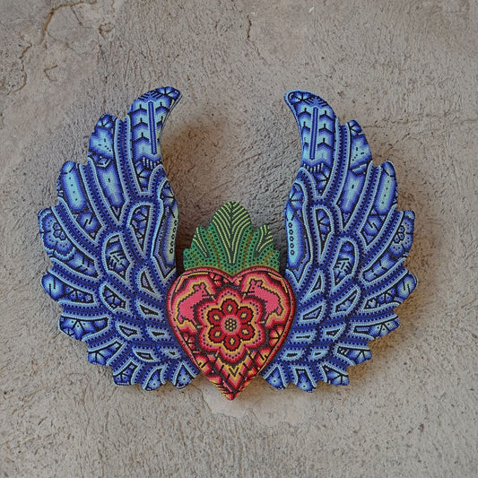Mexican Huichol Hand Beaded Art, Heart with Wings By Isandro Villa Lopez PP8600