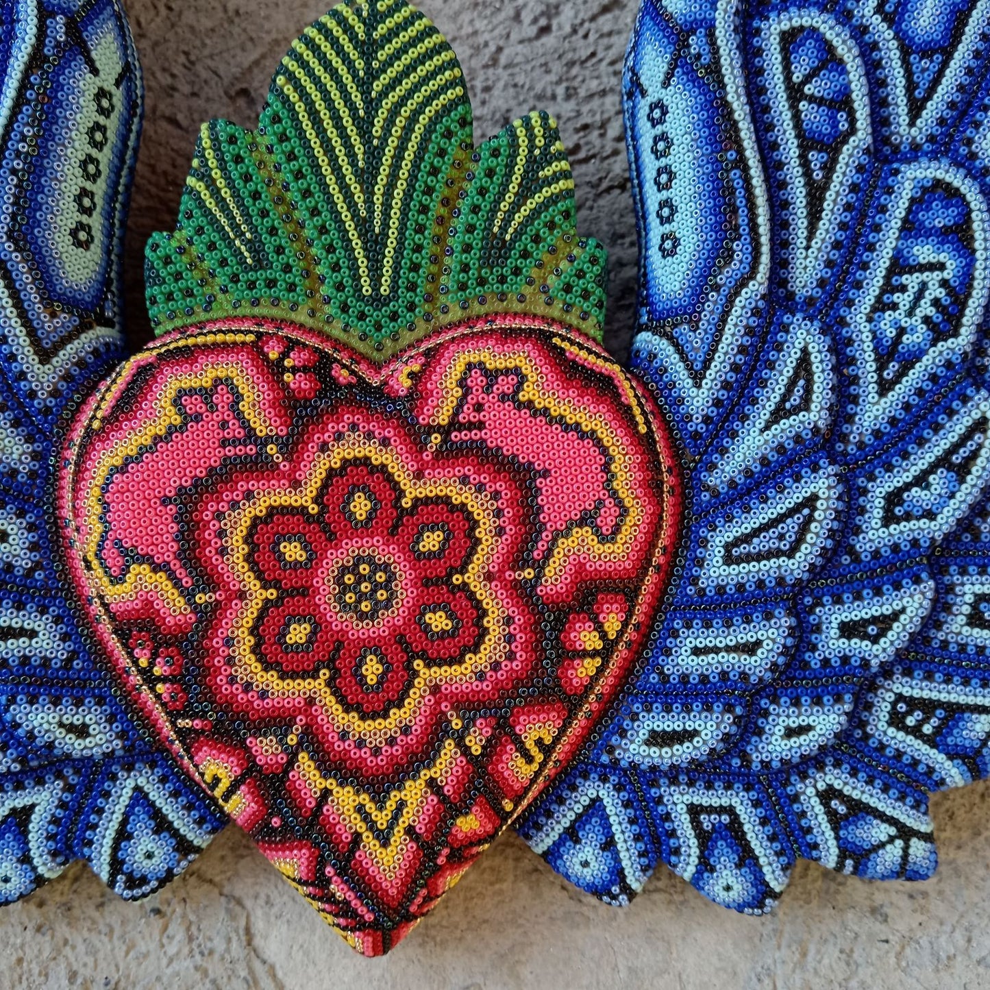 Mexican Huichol Hand Beaded Art, Heart with Wings By Isandro Villa Lopez PP8600