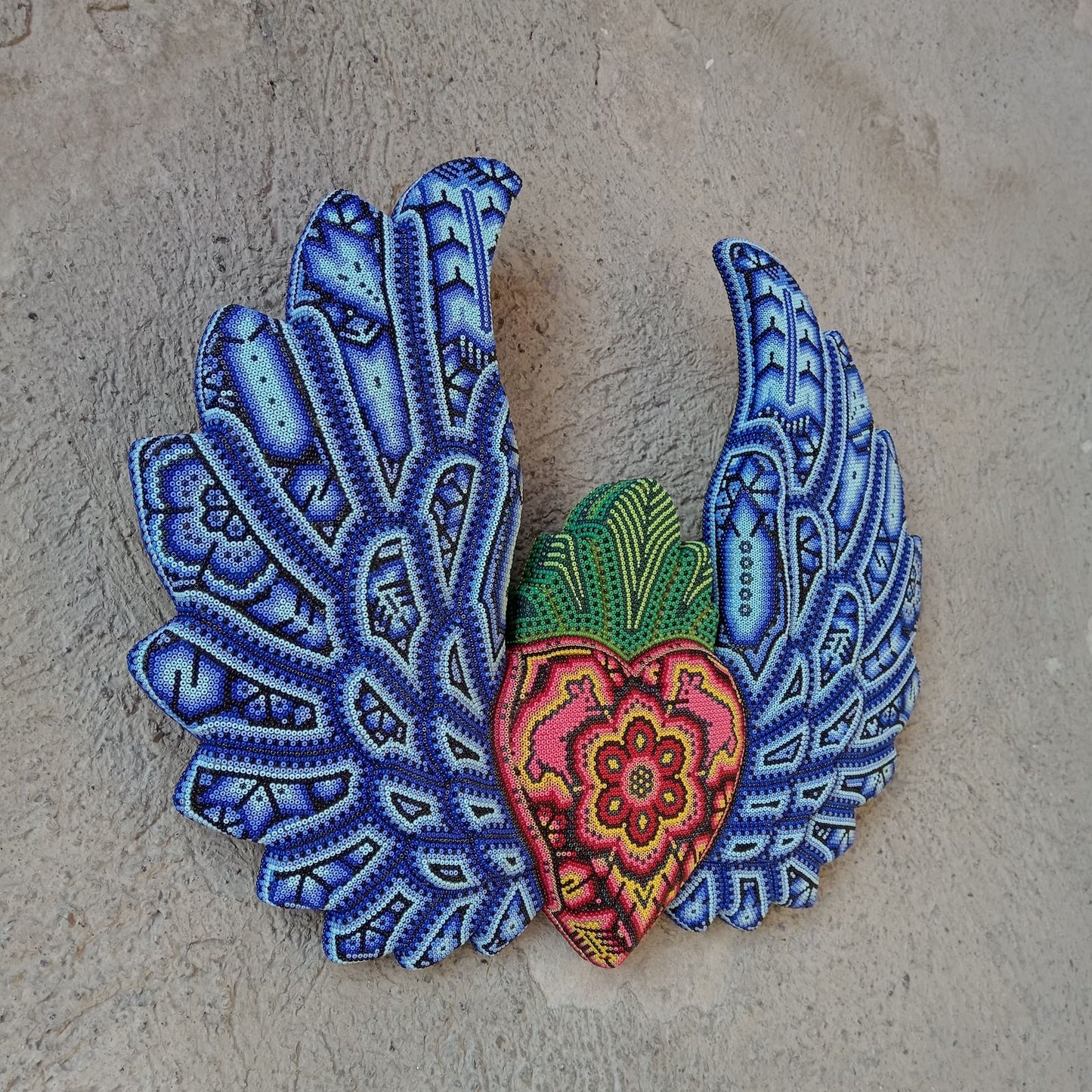 Mexican Huichol Hand Beaded Art, Heart with Wings By Isandro Villa Lopez PP8600