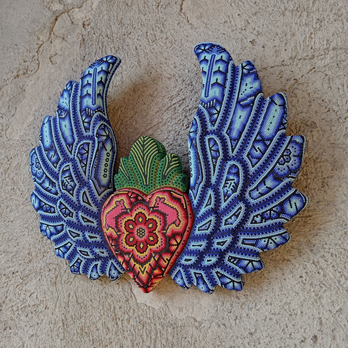 Mexican Huichol Hand Beaded Art, Heart with Wings By Isandro Villa Lopez PP8600