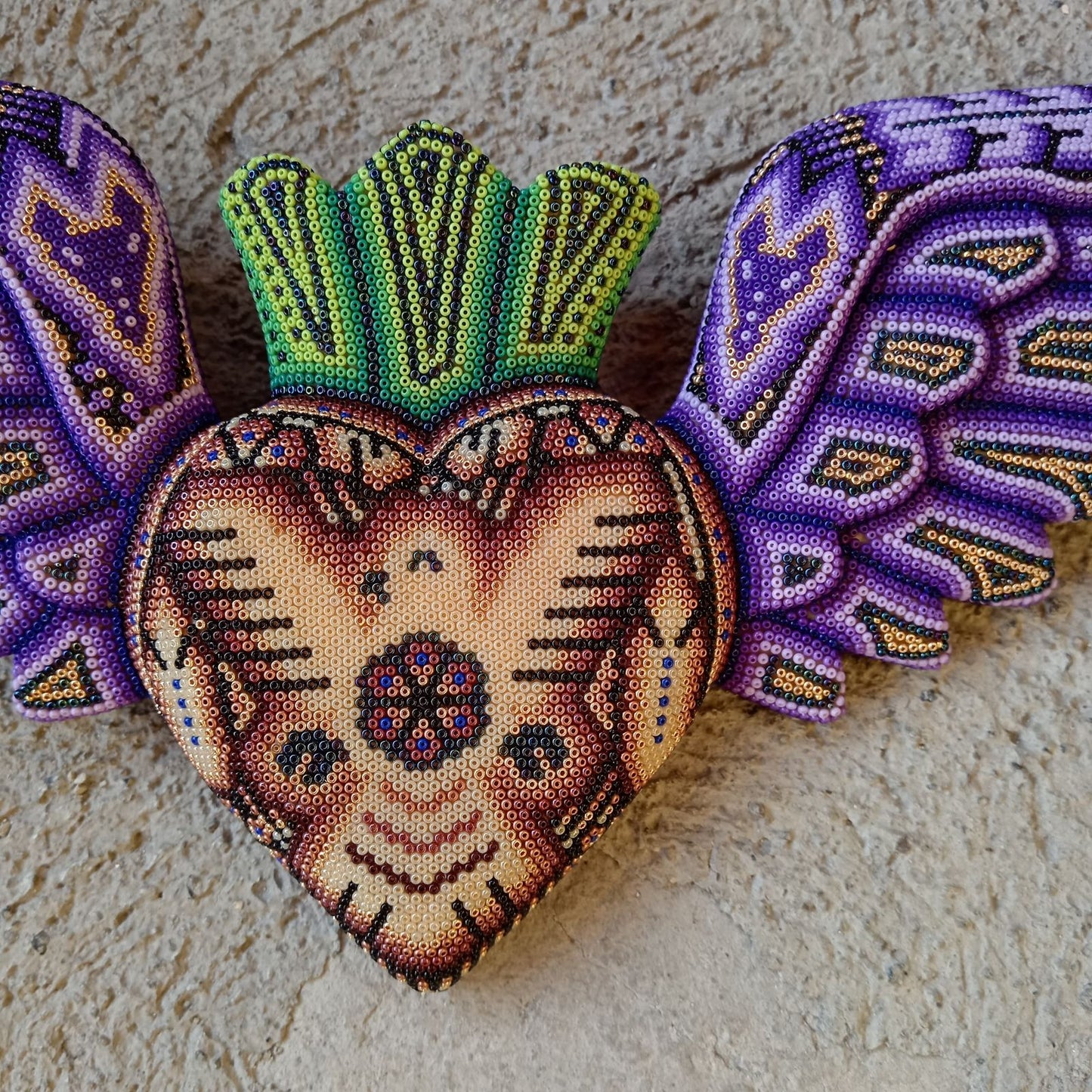 Mexican Huichol Hand Beaded Art, Heart with Wings By Isandro Villa Lopez PP8601