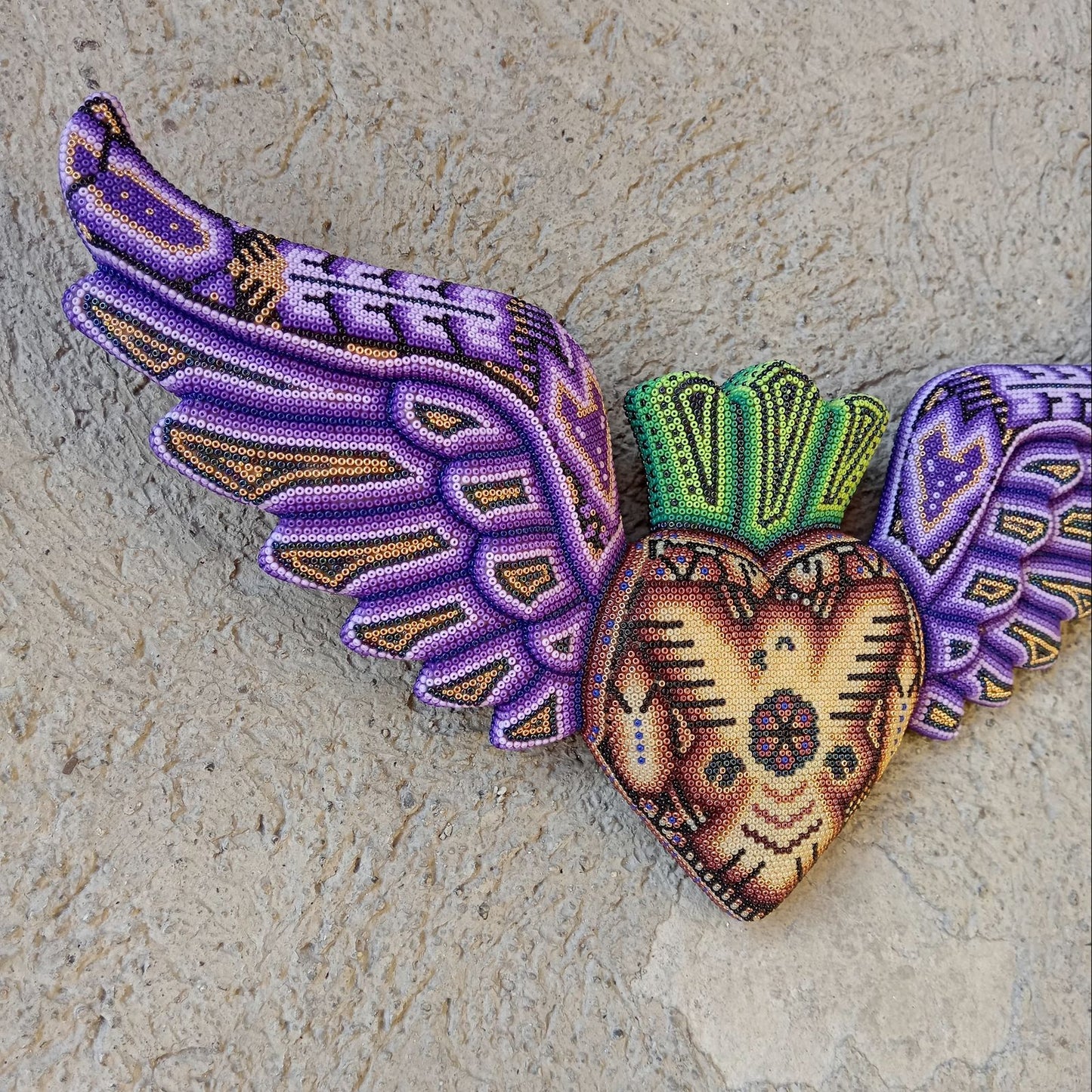 Mexican Huichol Hand Beaded Art, Heart with Wings By Isandro Villa Lopez PP8601