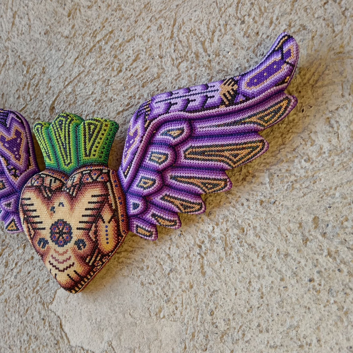 Mexican Huichol Hand Beaded Art, Heart with Wings By Isandro Villa Lopez PP8601