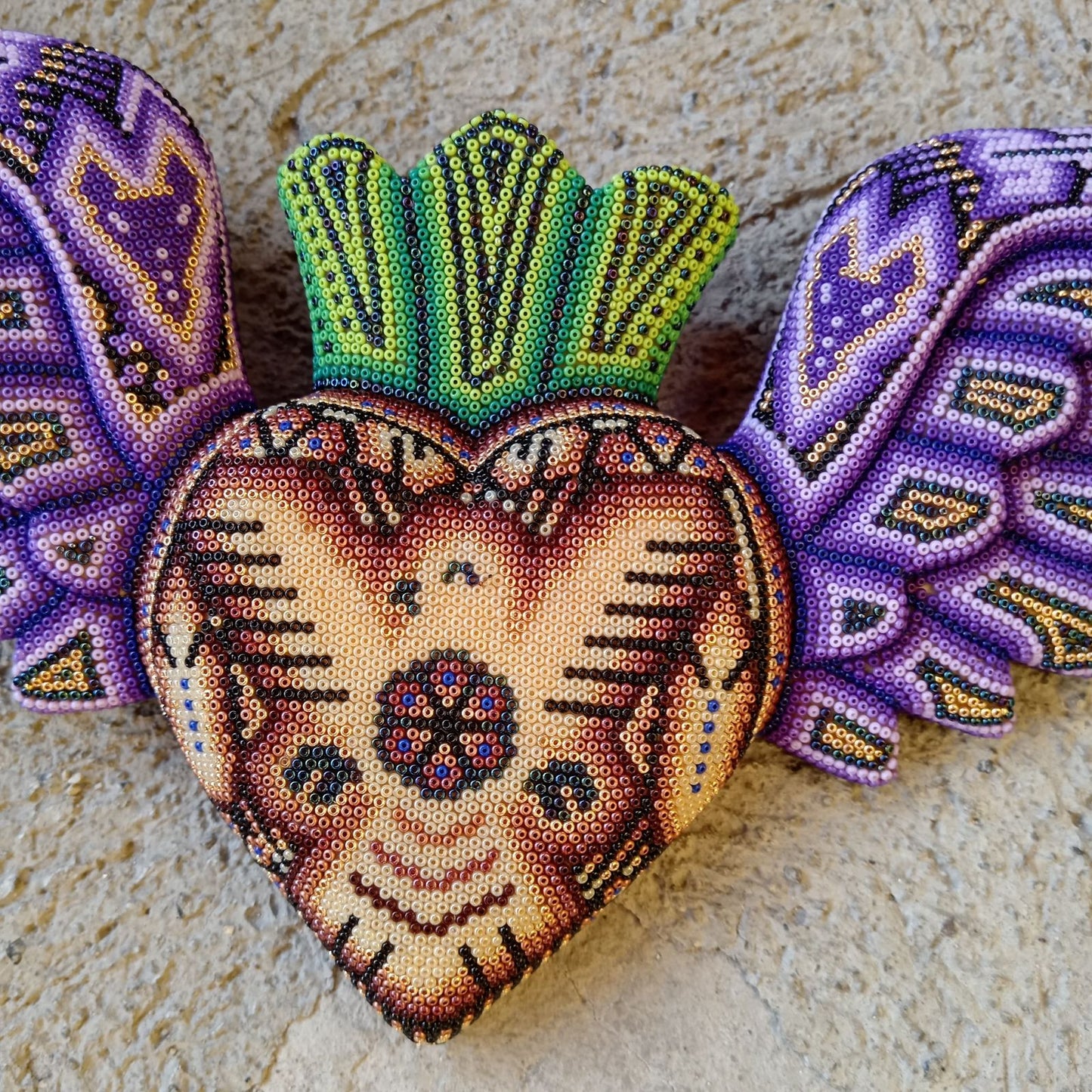Mexican Huichol Hand Beaded Art, Heart with Wings By Isandro Villa Lopez PP8601