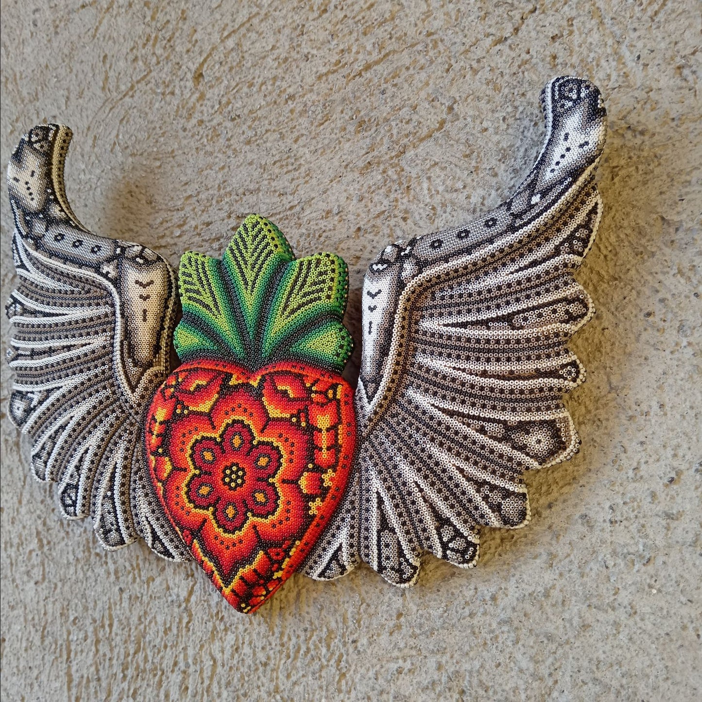 Mexican Huichol Hand Beaded Art, Heart with Wings By Isandro Villa Lopez PP8603
