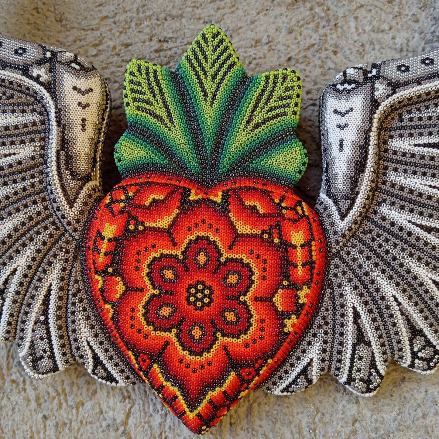 Mexican Huichol Hand Beaded Art, Heart with Wings By Isandro Villa Lopez PP8603