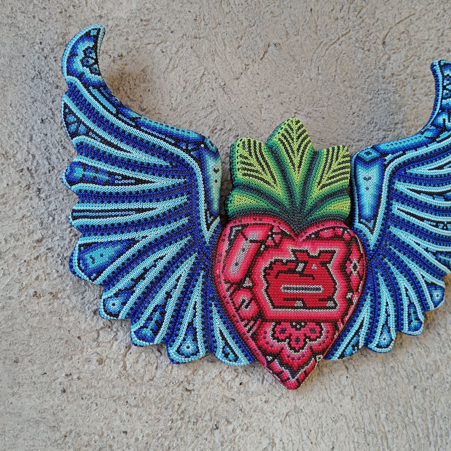 Mexican Huichol Hand Beaded Art, Heart with Wings By Isandro Villa Lopez PP8604