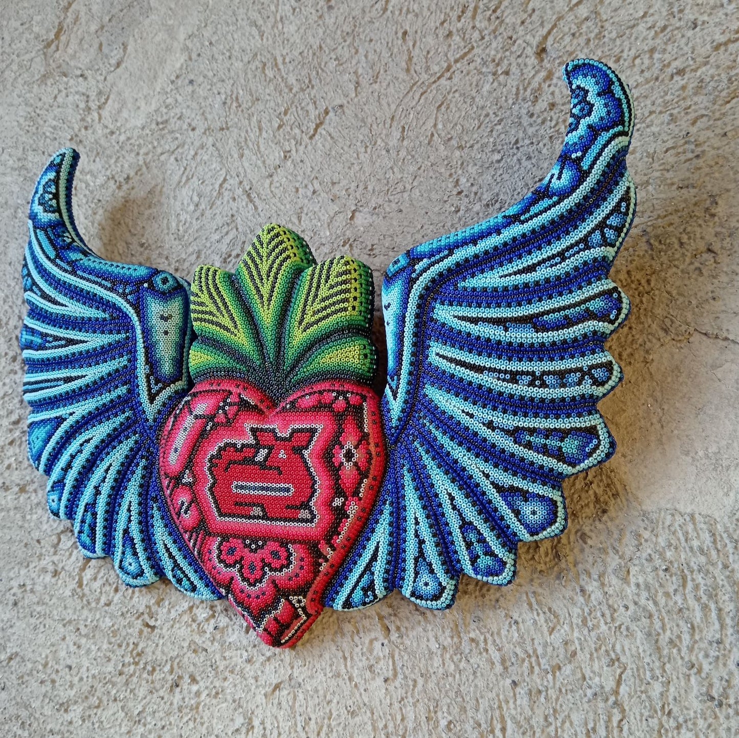 Mexican Huichol Hand Beaded Art, Heart with Wings By Isandro Villa Lopez PP8604