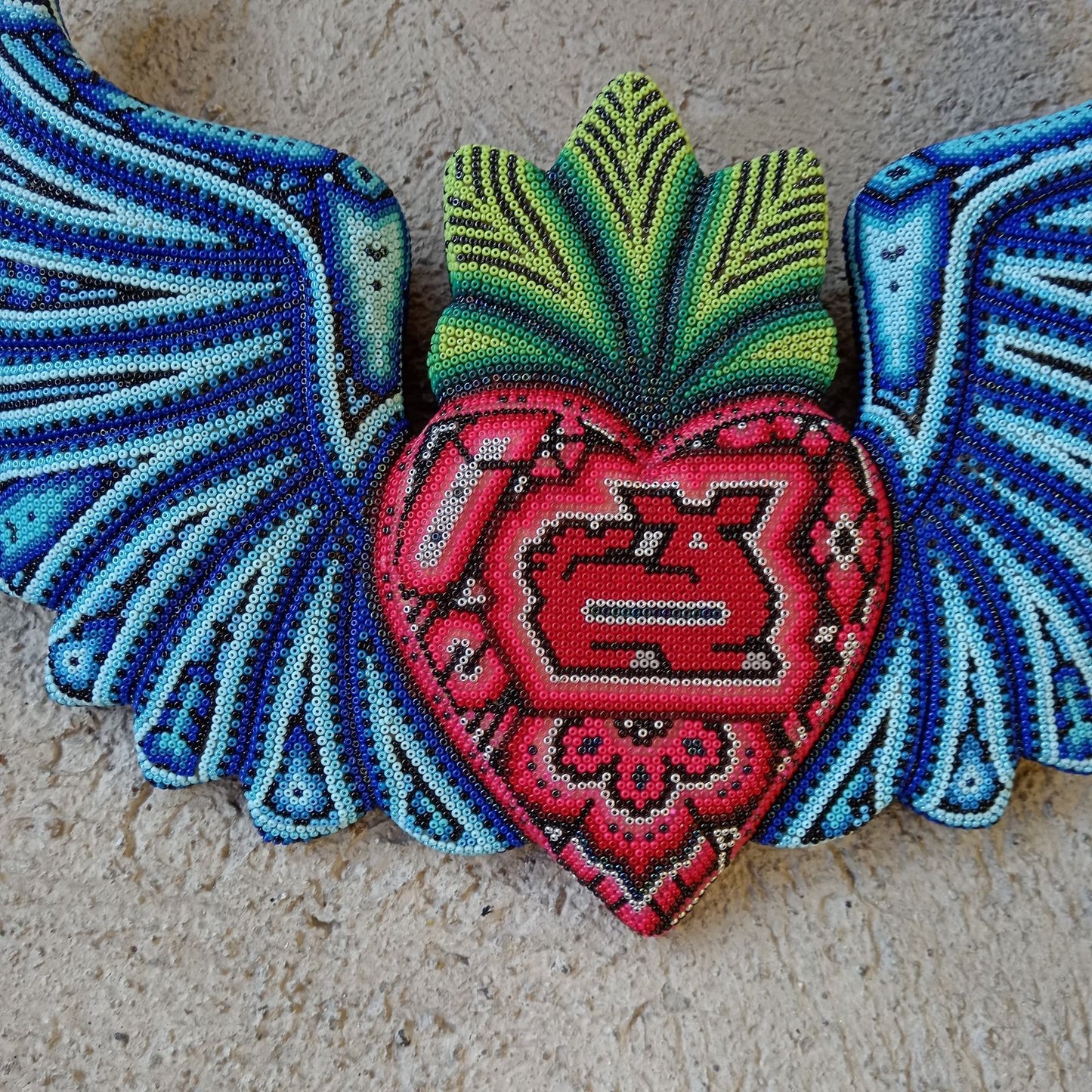 Mexican Huichol Hand Beaded Art, Heart with Wings By Isandro Villa Lopez PP8604