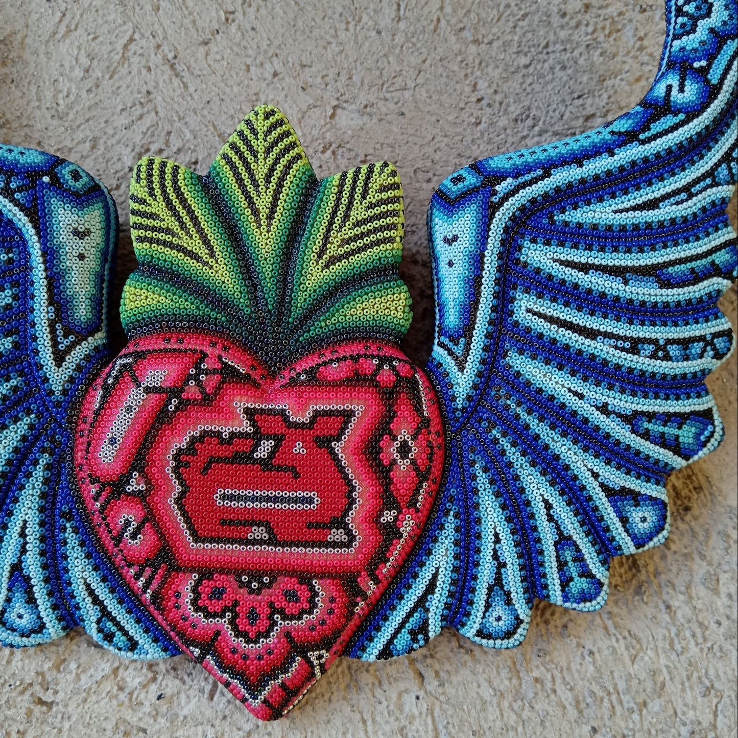 Mexican Huichol Hand Beaded Art, Heart with Wings By Isandro Villa Lopez PP8604