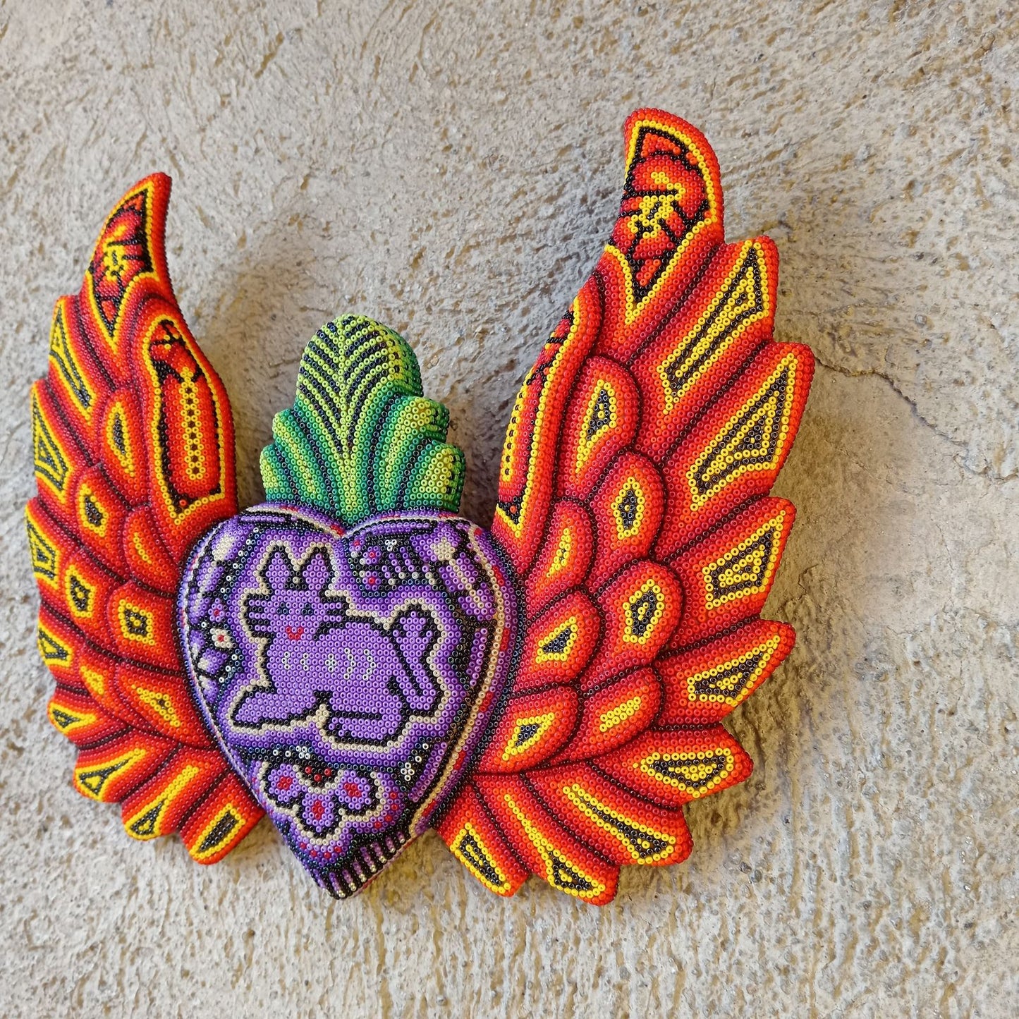Mexican Huichol Hand Beaded Art, Heart with Wings By Isandro Villa Lopez PP8605