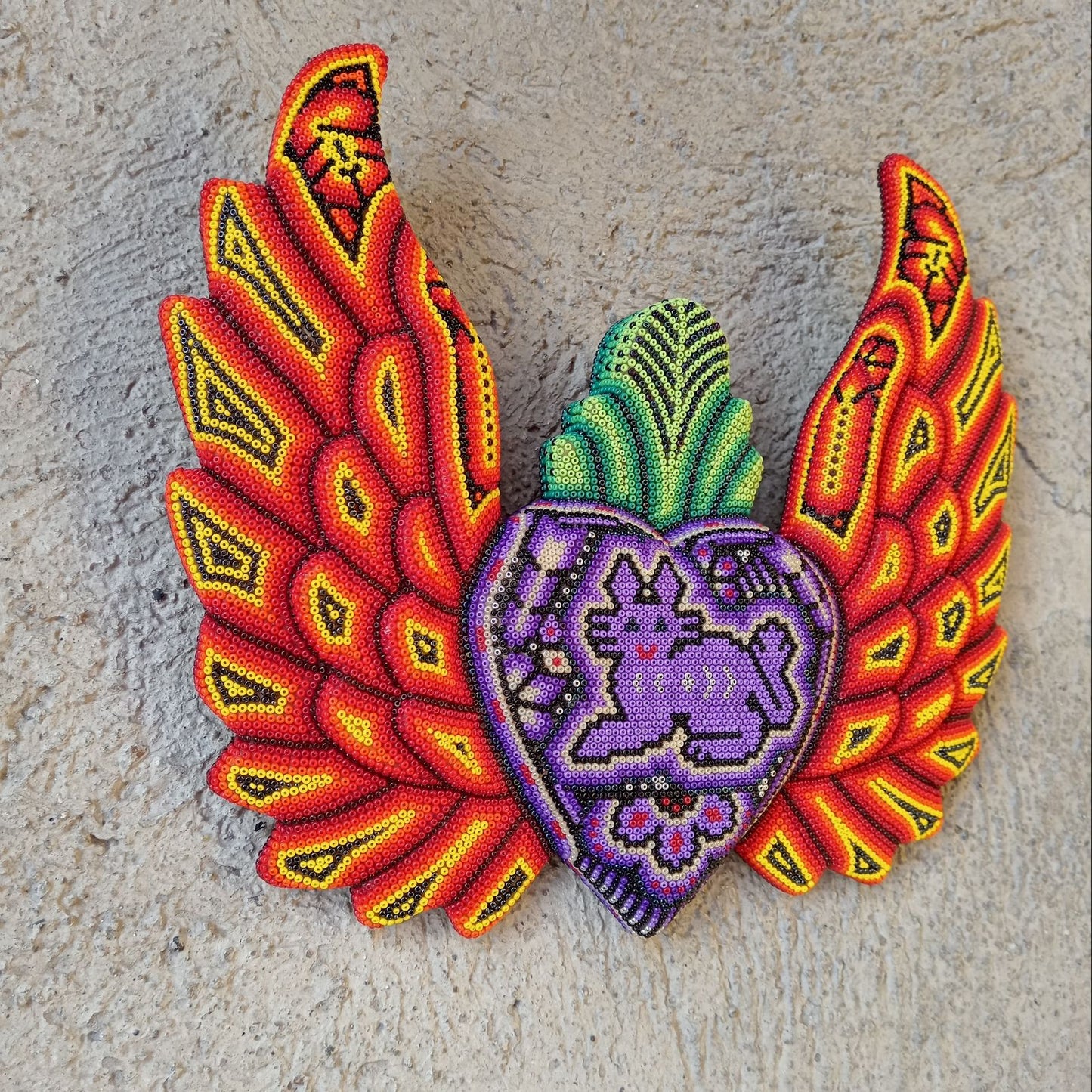 Mexican Huichol Hand Beaded Art, Heart with Wings By Isandro Villa Lopez PP8605
