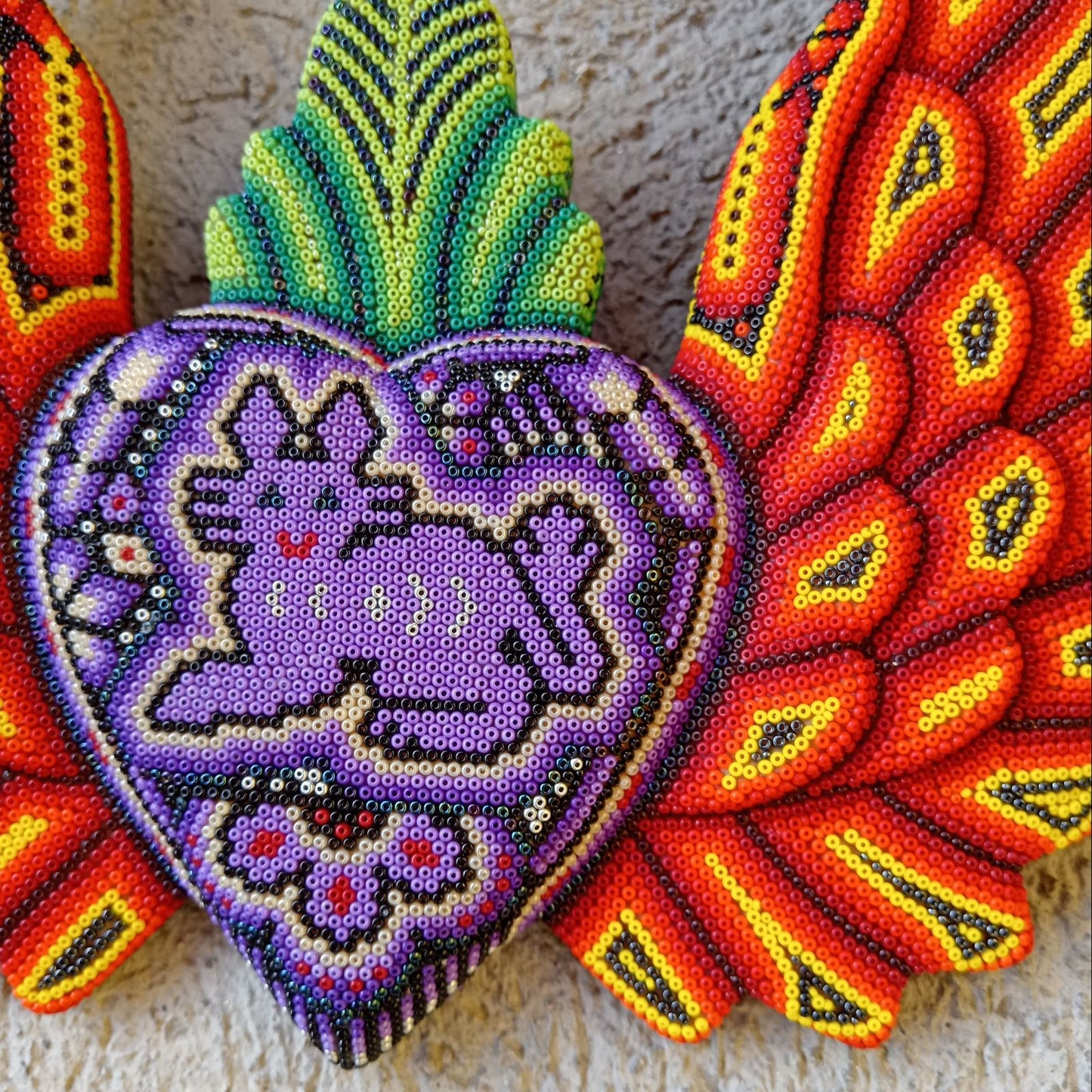 Mexican Huichol Hand Beaded Art, Heart with Wings By Isandro Villa Lopez PP8605