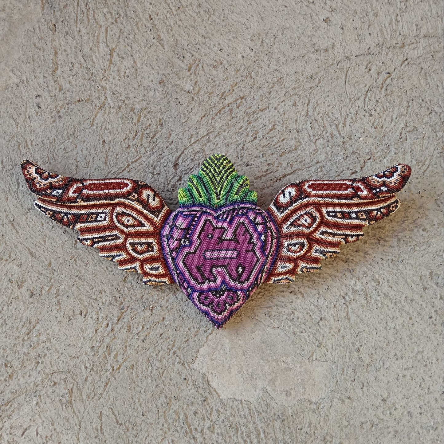 Mexican Huichol Hand Beaded Art, Heart with Wings By Isandro Villa Lopez PP8606