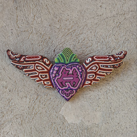 Mexican Huichol Hand Beaded Art, Heart with Wings By Isandro Villa Lopez PP8606
