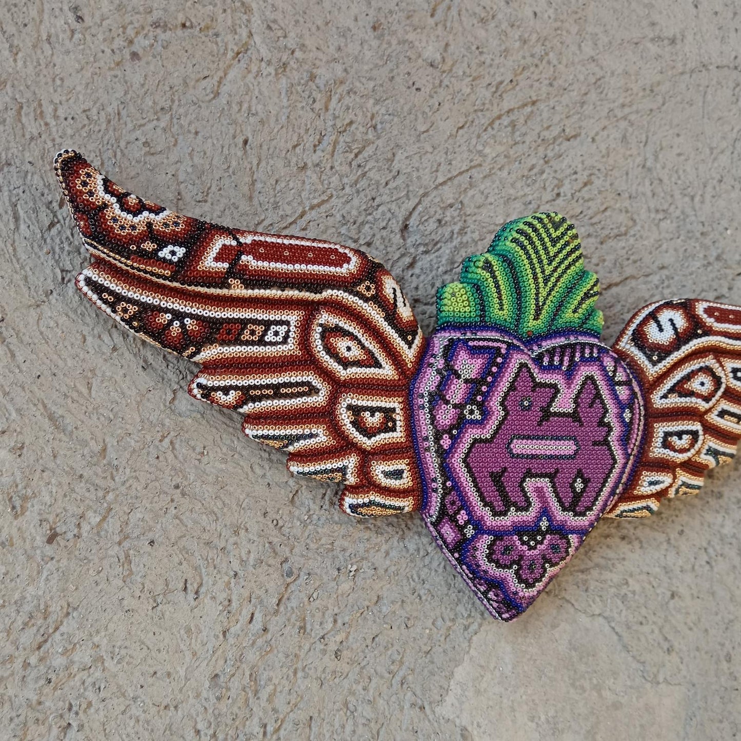 Mexican Huichol Hand Beaded Art, Heart with Wings By Isandro Villa Lopez PP8606