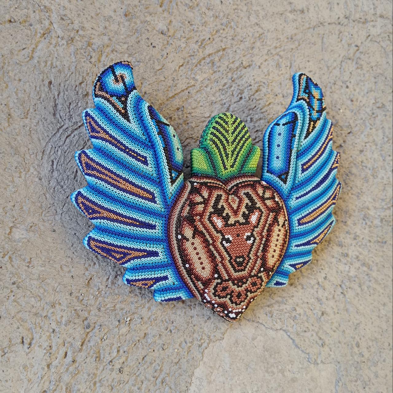 Mexican Huichol Hand Beaded Art, Heart with Wings By Isandro Villa Lopez PP8607 Oaxaca