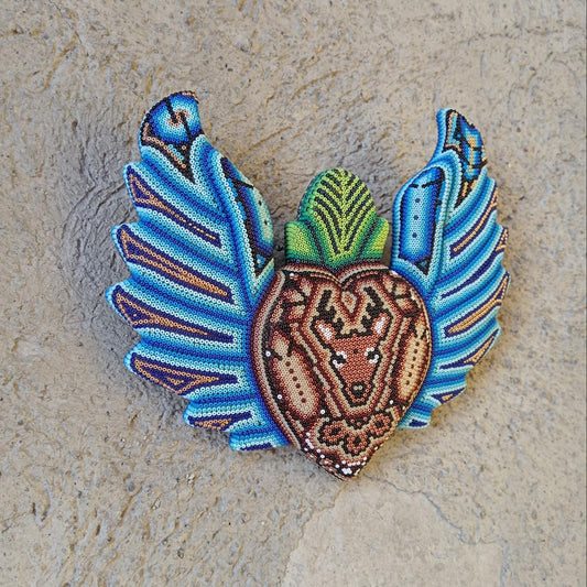 Mexican Huichol Hand Beaded Art, Heart with Wings By Isandro Villa Lopez PP8607 Oaxaca