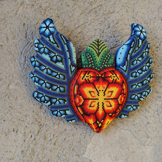 Mexican Huichol Hand Beaded Art, Heart with Wings By Isandro Villa Lopez PP8608
