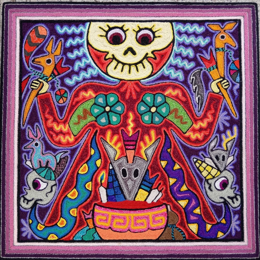 Mexican Folk Art Huichol Indian Yarn Painting by Luis Castro PP8595