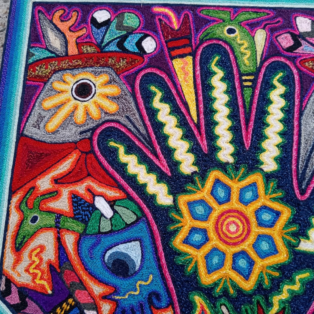 Mexican Folk Art Huichol Indian Yarn Painting by Luis Castro PP8593