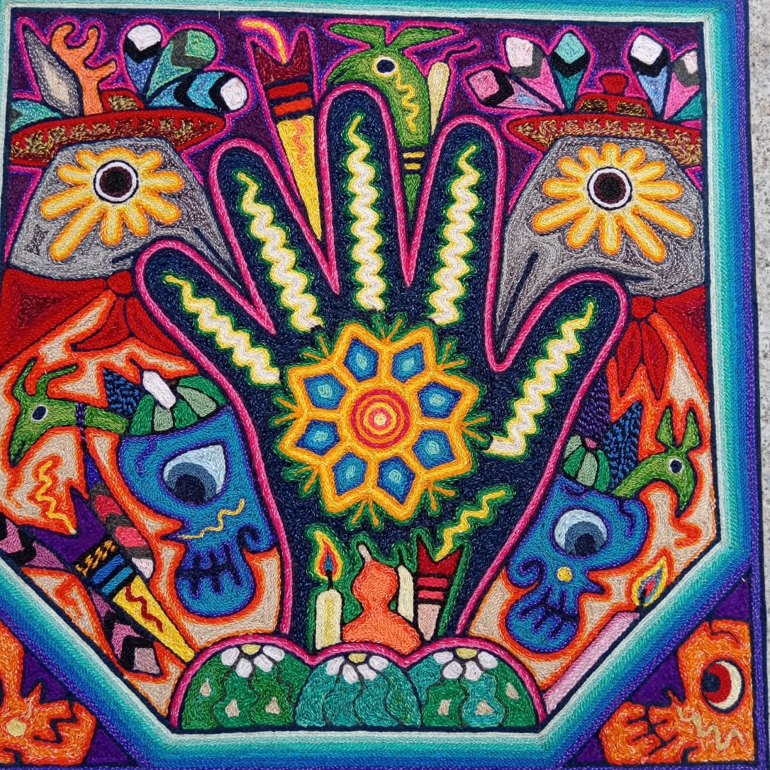 Mexican Folk Art Huichol Indian Yarn Painting by Luis Castro PP8593