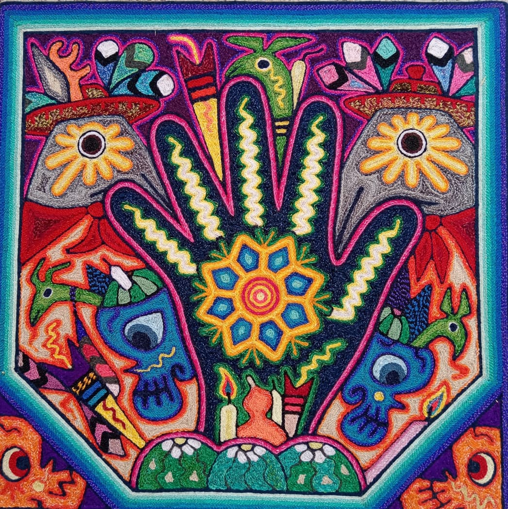 Mexican Folk Art Huichol Indian Yarn Painting by Luis Castro PP8593