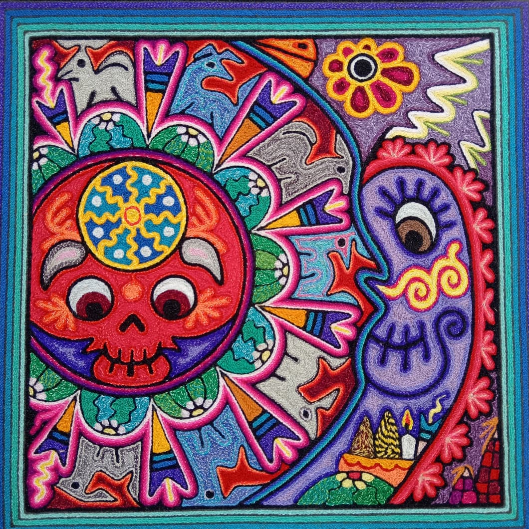 Mexican Folk Art Huichol Indian Yarn Painting by Luis Castro PP8594