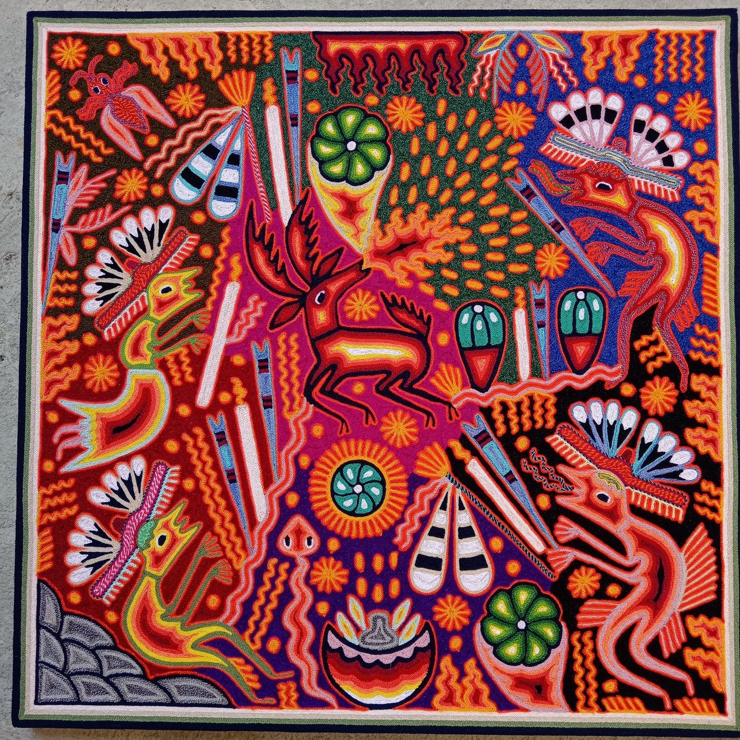 Huichol Mexican Folk Art Yarn Painting By Maximino Renteria PP8670