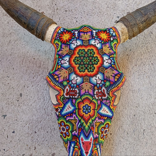 Mexican Folk Art Huichol Hand Beaded Bull Skull By Isandro Villa Lopez PP8672